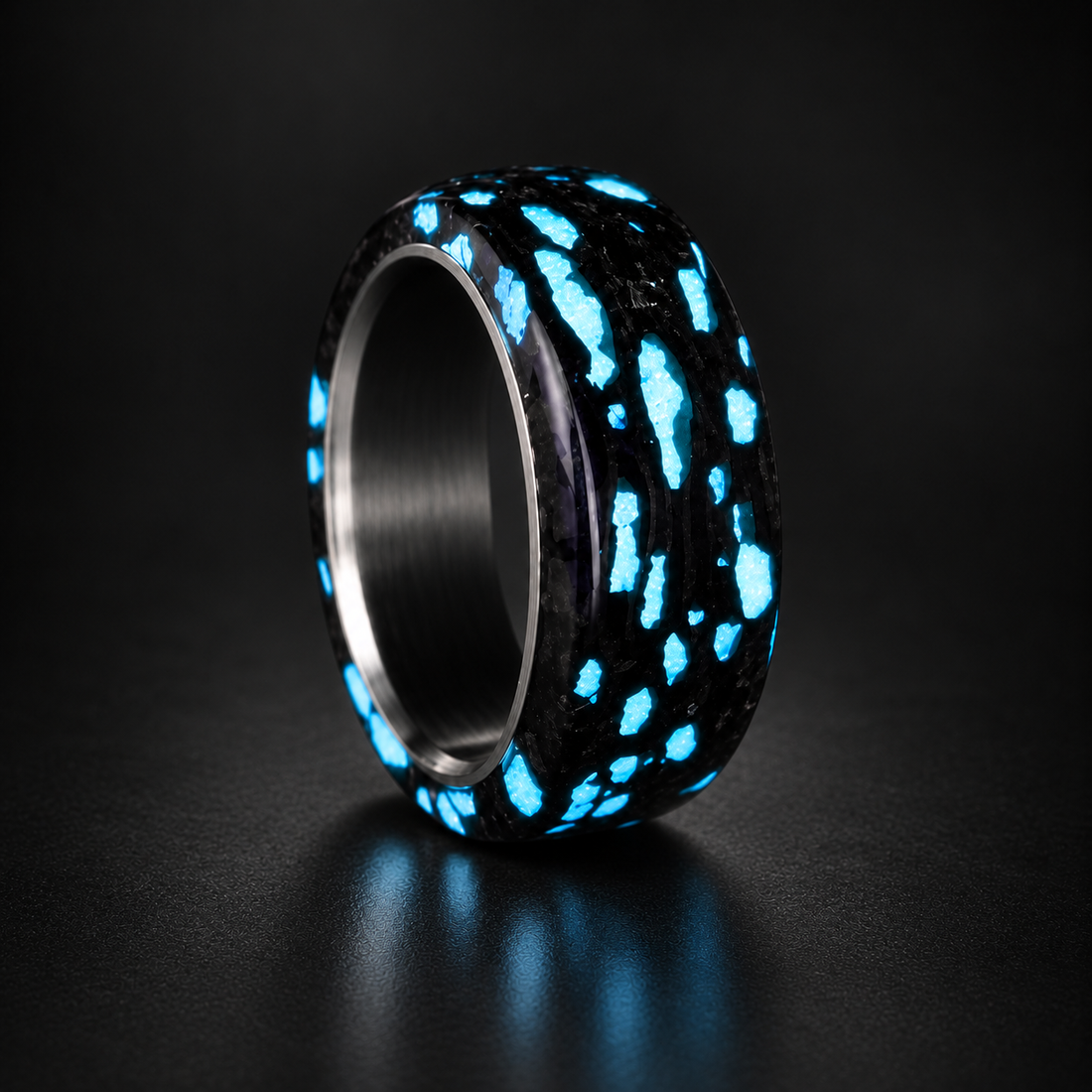 Alien Eclipse Ring - Blue in a uniform upright three-quarter view on a dark background