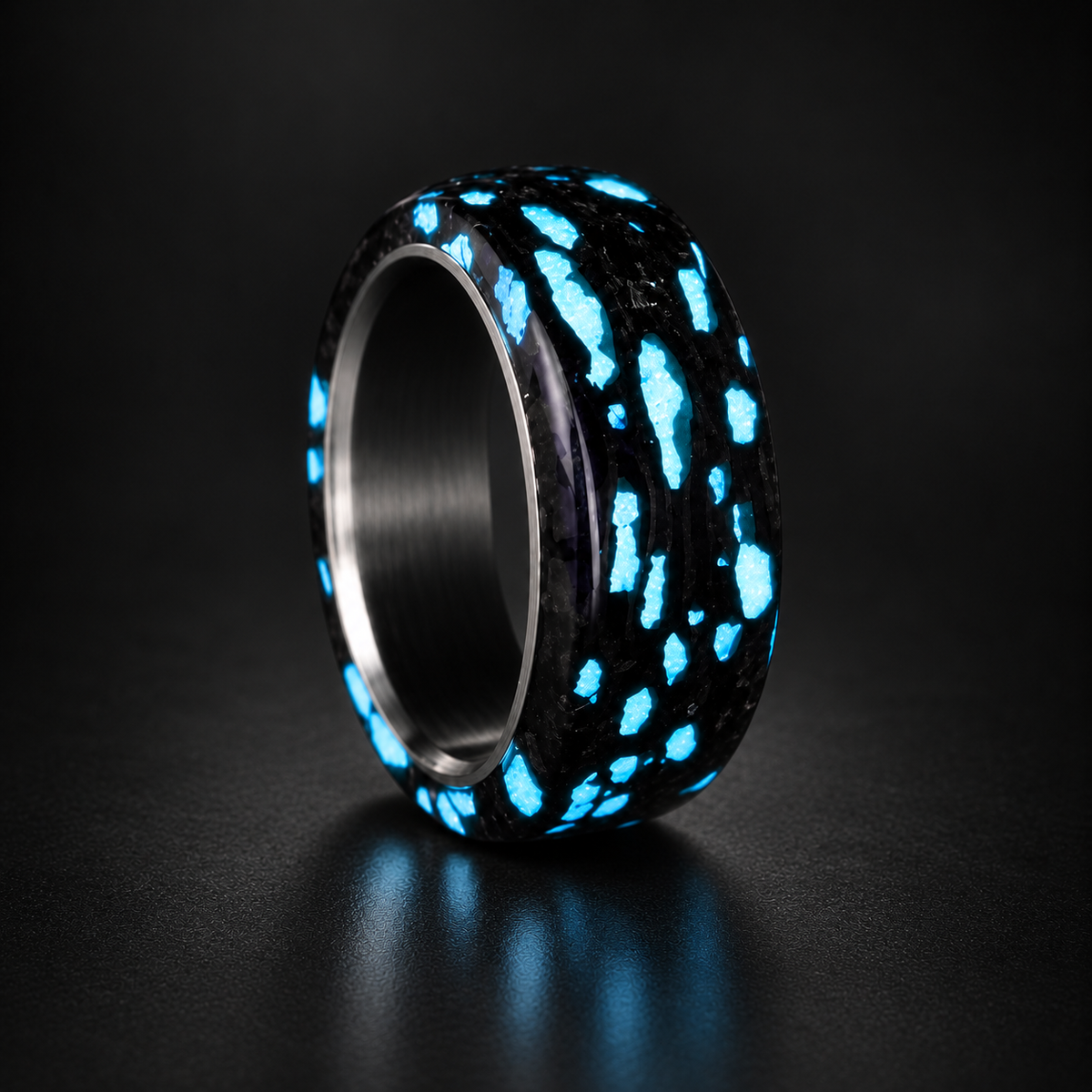 Alien Eclipse Ring - Blue in a uniform upright three-quarter view on a dark background